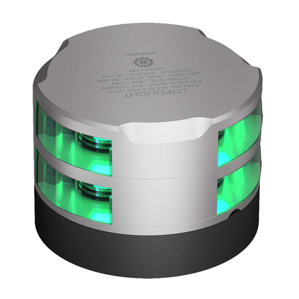 Lopolight 360° Double Stacked Green Navigation Light - 2nm - 0.7M Cable - Silver Housing