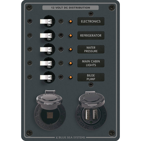 Blue Sea 8120 Breaker Panel 5 Position w/DC Socket &amp; Dual USB
