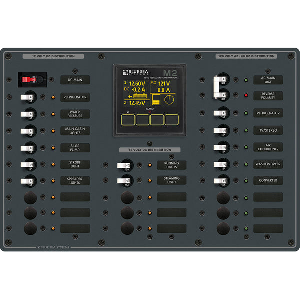 Blue Sea 8413 - Metal AC/DC Panel w/M2 Vessel Systems Monitor &amp; 22 Circuit Breakers (15A)