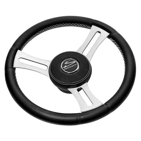 Schmitt &amp; Ongaro Torcello Elite 14" Wheel - Black Leather &amp; Cap - White Stitching - Polished SS Spokes - 3/4" Tapered Shaft