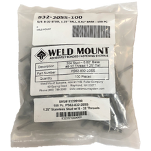 Weld Mount 832-20SS-100 - S/S 8-32 Stud, 1.25" Tall, 0.62" Base