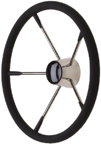 Seachoice 28581 5 Spoke 15" Stainless Steel Destroyer Steering Wheel With Permanent Foam Grip & Black Center Cap