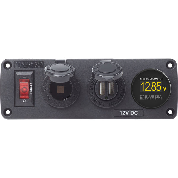 Blue Sea 4356 BelowDeck Panel - 15A Circuit Breaker, 12V Socket, 2.1A Dual USB Charger, Mini Voltmeter