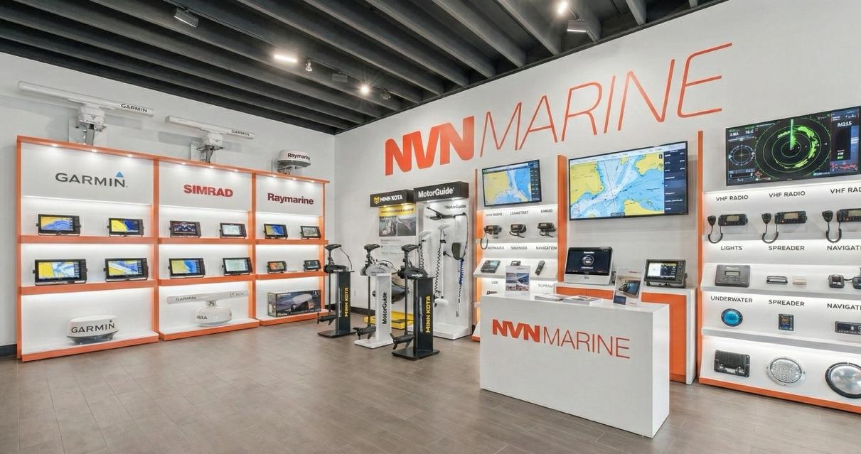 NVN Marine Fort Lauderdale showroom — Simrad, Raymarine, MotorGuide and Lowrance displays powered on